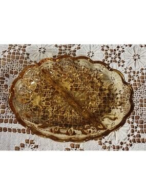 Vintage Amber Glass Oval 2 Compartment Candy/Relish/Snack/Trinket Dish MCM Retro